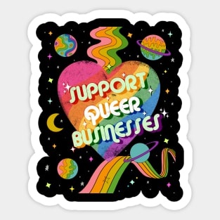 Support Queer Businesses Vintage Distressed with Planets & Rainbows Sticker